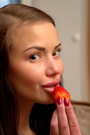 Milana Myles Sweetie caresses herself with strawberries on table